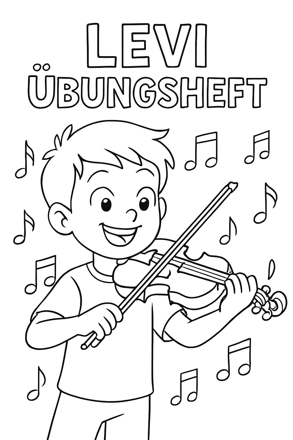 10-year-old boy playing violin. In the background, there are music notes. At the top, it says 'Levi Practice Notebook'