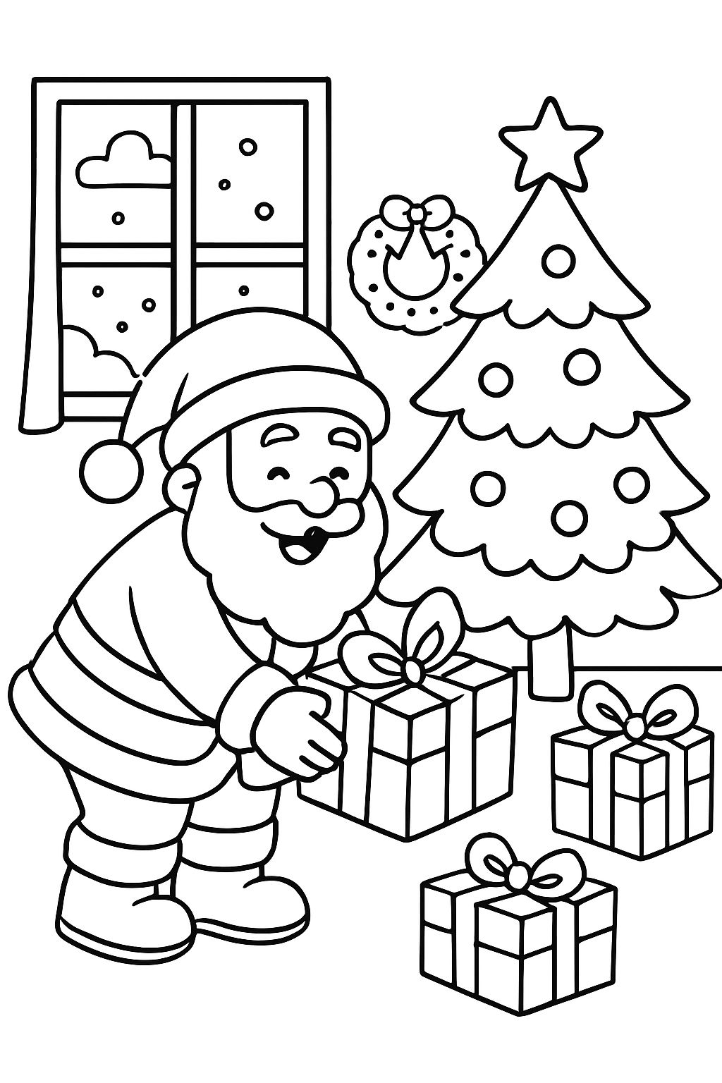 Santa, der Geschenke unter dem Baum legt