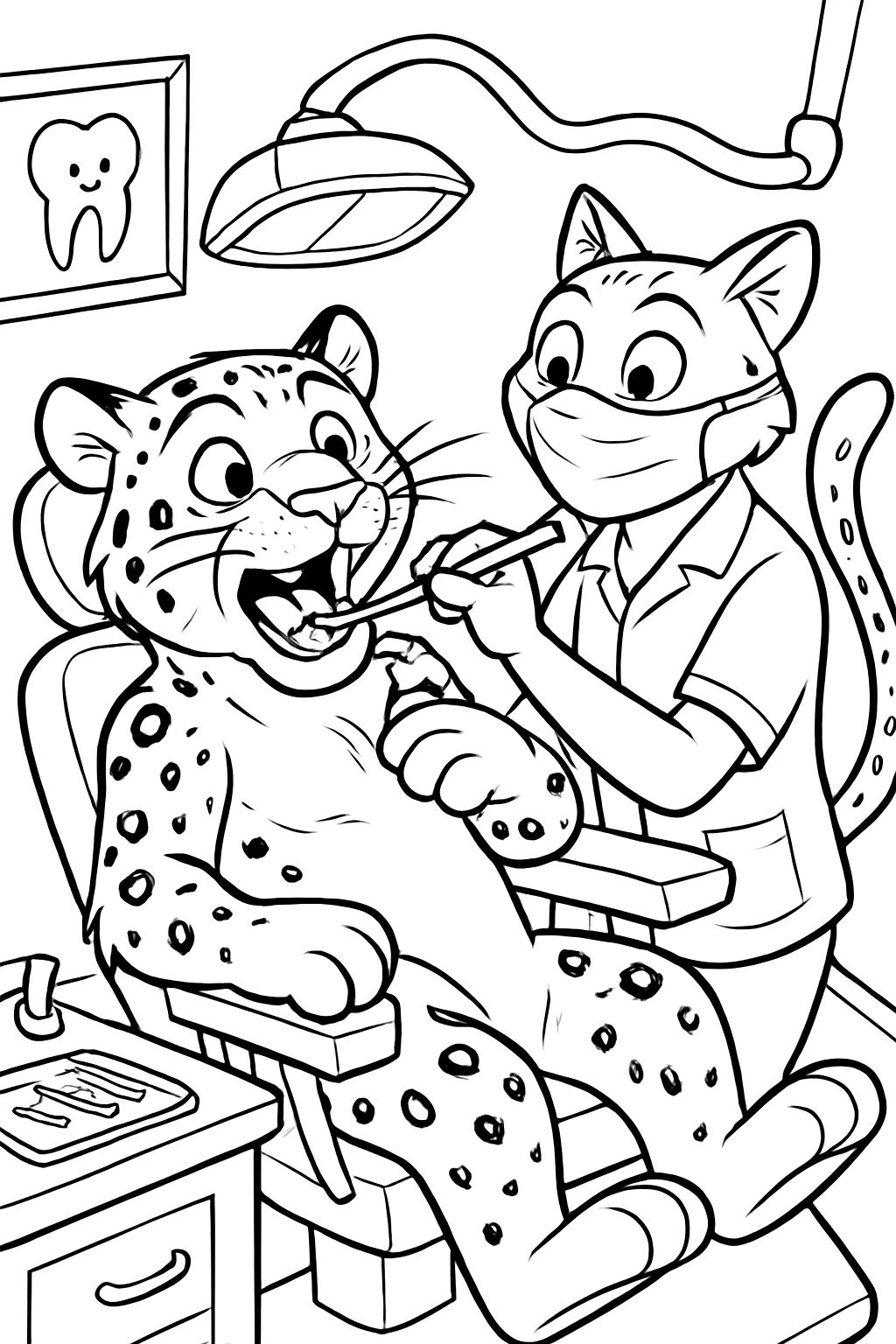 snow leopard getting a filling at dentist