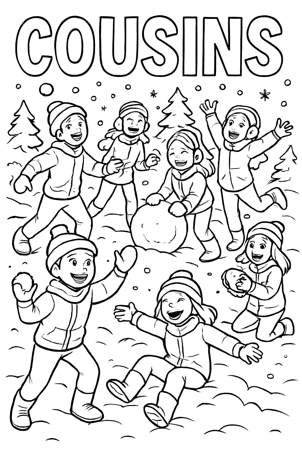 Dois meninos e seis meninas brincando na neve; diz "primos" na parte superior. Dois meninos e seis meninas brincando na neve; diz "primos" na parte superior.