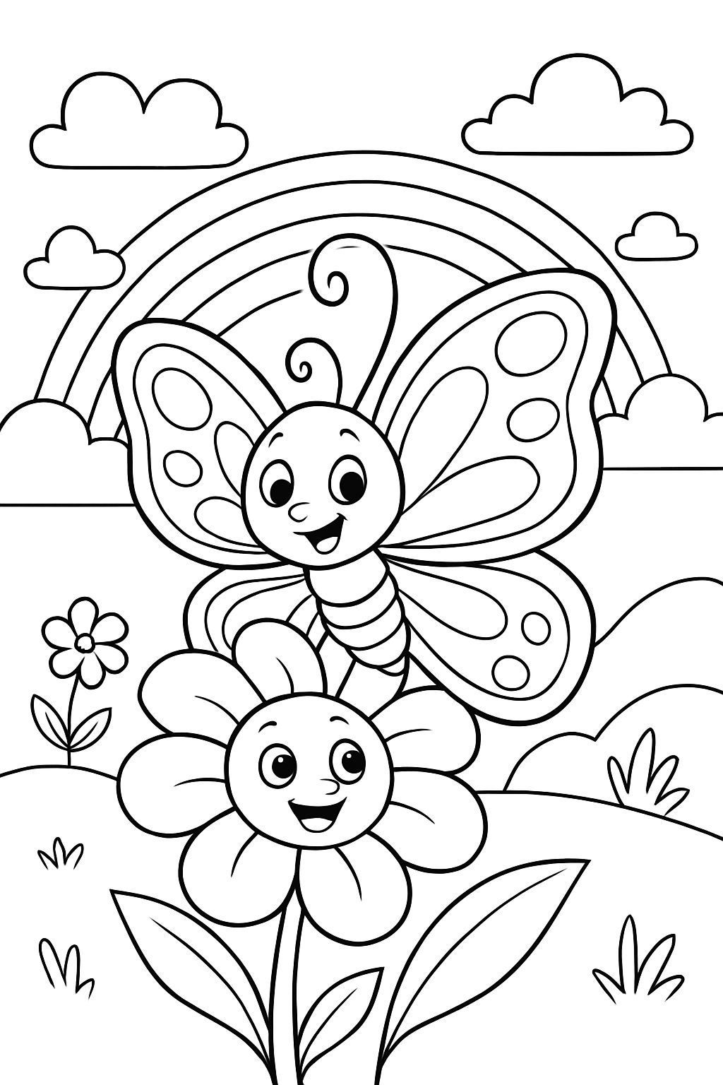 Borboleta em uma flor com um arco-íris