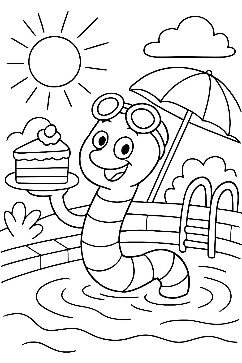 the worm in the swimming pool, the worm eats cake