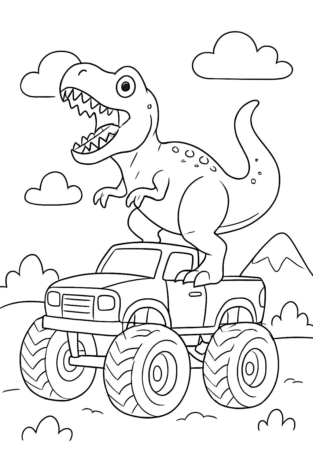 T-Rex roaring on top of a Monster truck