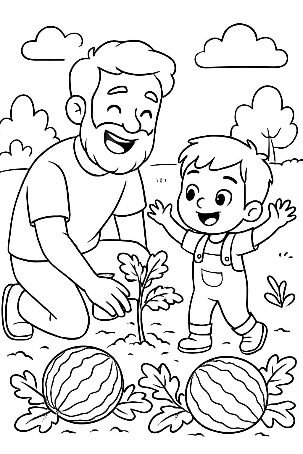 Padre con barba y hijo de 3 años plantando sandías.