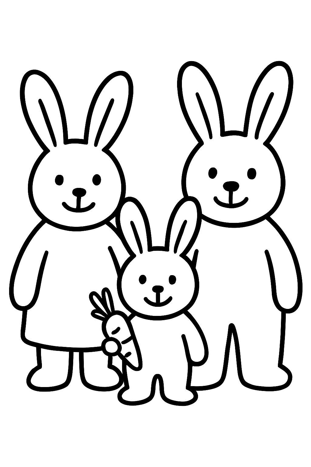 3 rabbits, mom, dad, and child, and the child has a carrot in hand. All are pink.