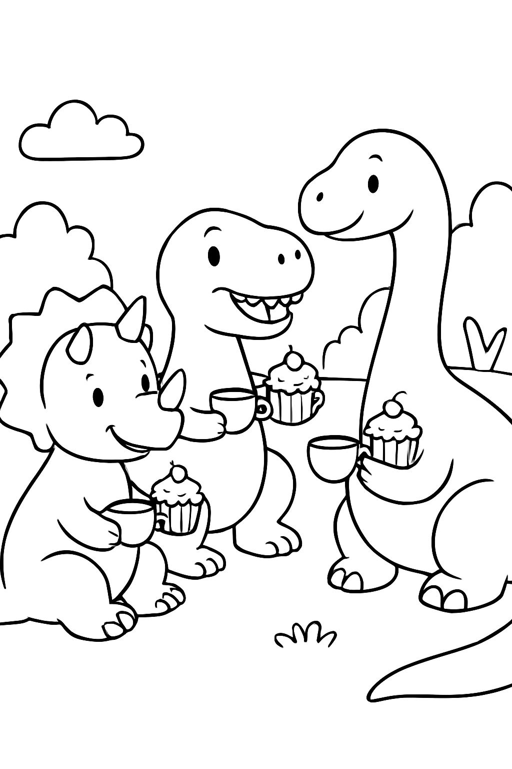 friendly triceratops, t rex and brachiosaurus sipping tea and eating cupcakes friendly triceratops, t rex and brachiosaurus sipping tea and eating cupcakes