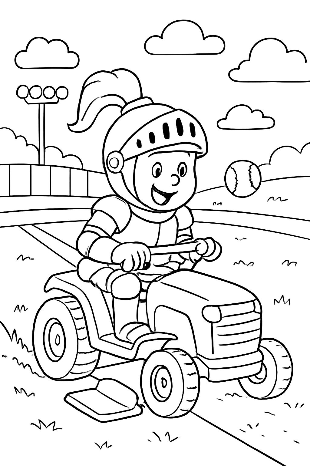 A knight sitting on a little too small tractor instead of a horse and mowing a baseball field.