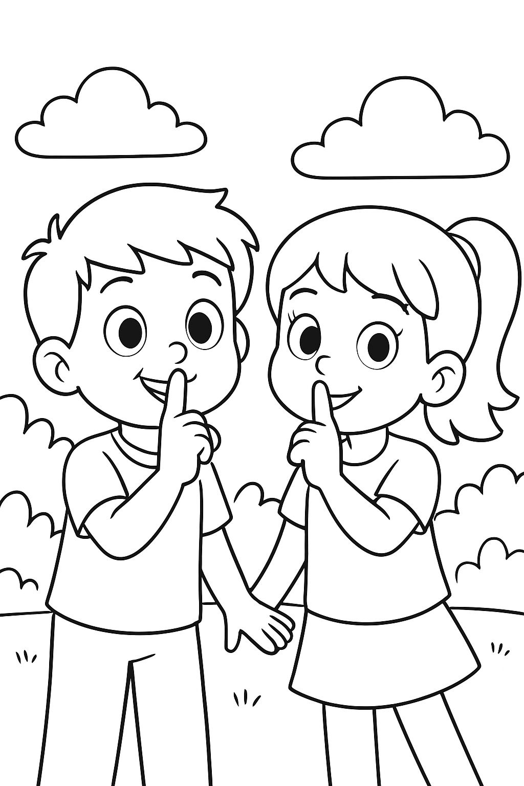 Un niño y una niña hacen un gesto de silencio con el dedo en la boca. Un niño y una niña hacen un gesto de silencio con el dedo en la boca.