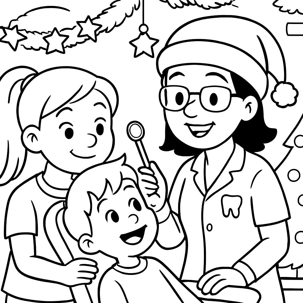 a big sister visits a friendly dentist wearing a Christmas hat with her little brother, and the practice is decorated in a cozy Christmas style a big sister visits a friendly dentist wearing a Christmas hat with her little brother, and the practice is decorated in a cozy Christmas style