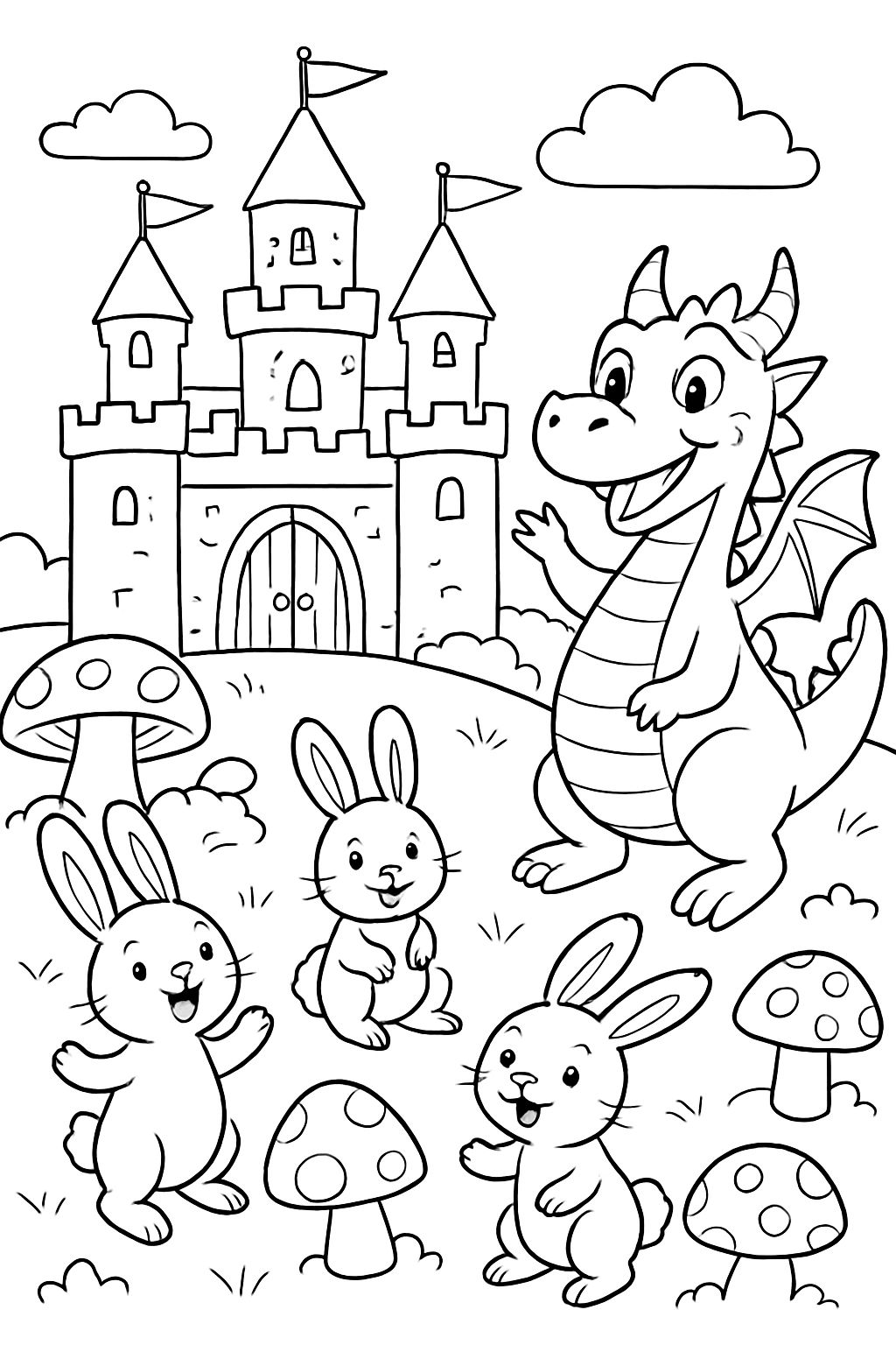 Grande castelo com um dragão e coelhos em uma terra de cogumelos. Grande castelo com um dragão e coelhos em uma terra de cogumelos.