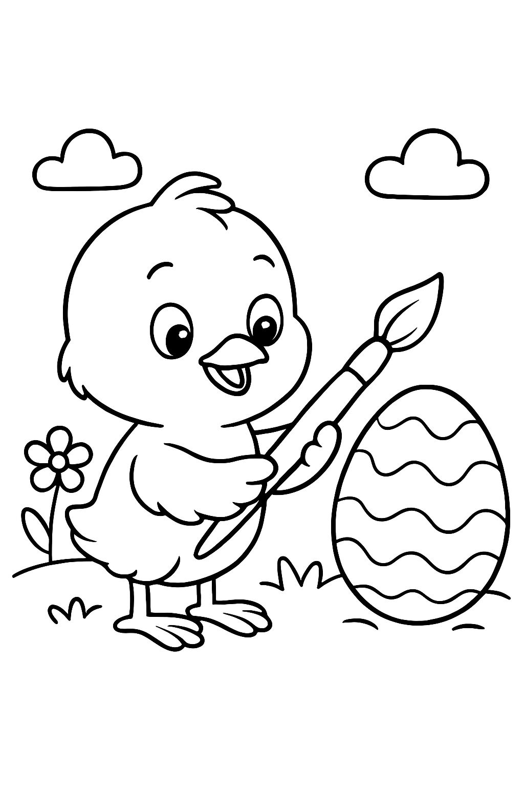 A chick with a paintbrush and a colorful egg