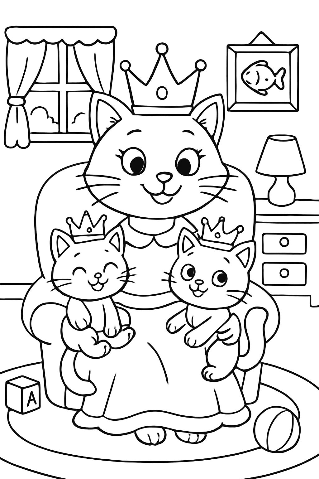 Cat queen with two baby kittens on her lap. They all have crowns on their heads and are in a children's room. Cat queen with two baby kittens on her lap. They all have crowns on their heads and are in a children's room.