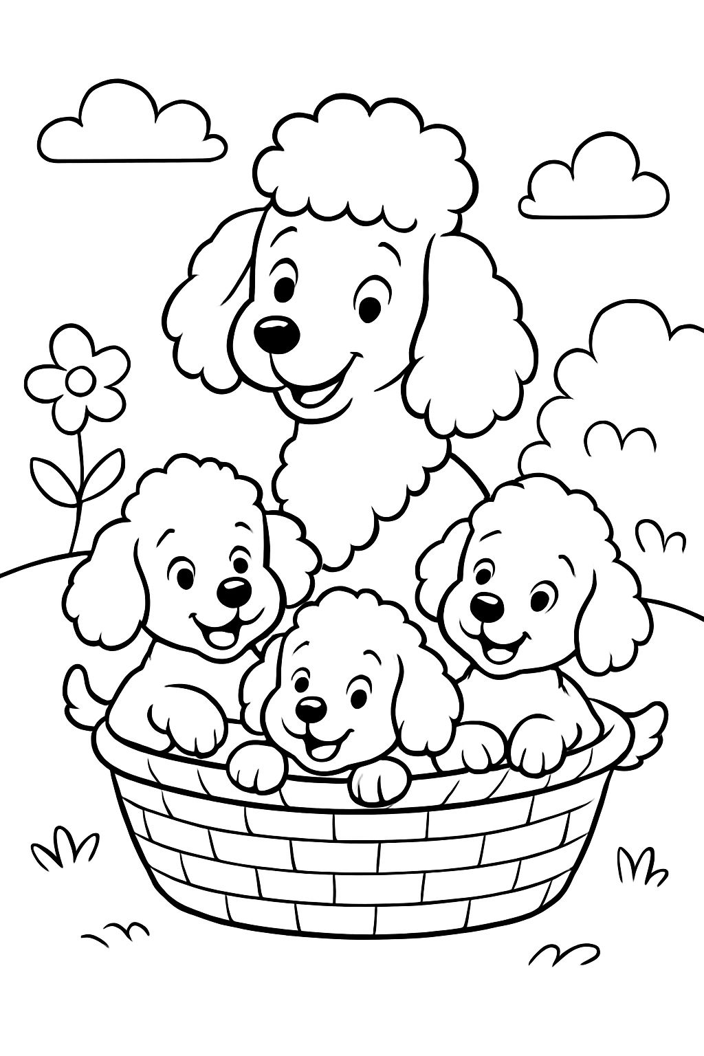 3 miniature poodle puppies with their mother in a basket