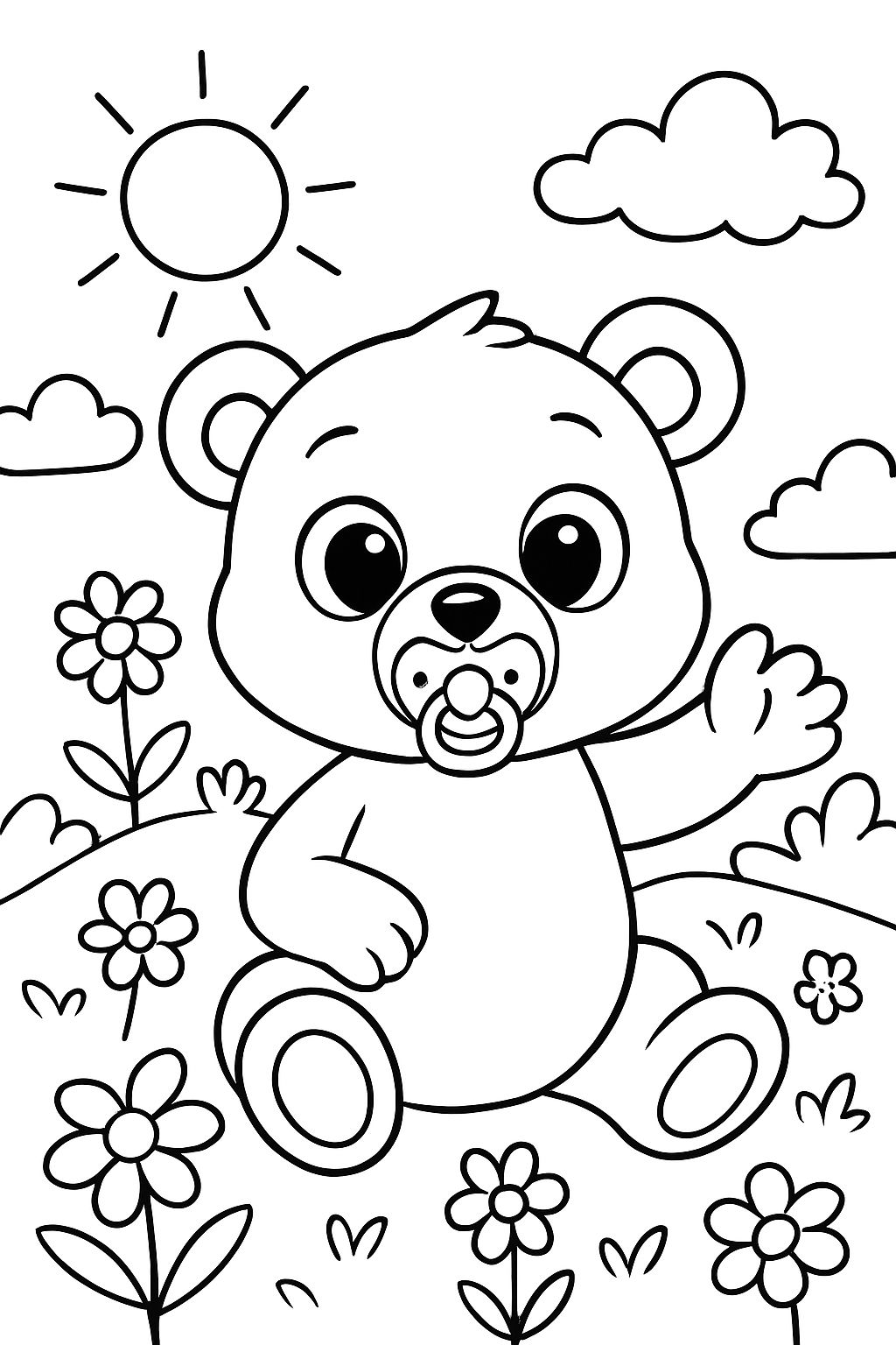 Ours avec une tétine sur un champ de fleurs avec de grands yeux