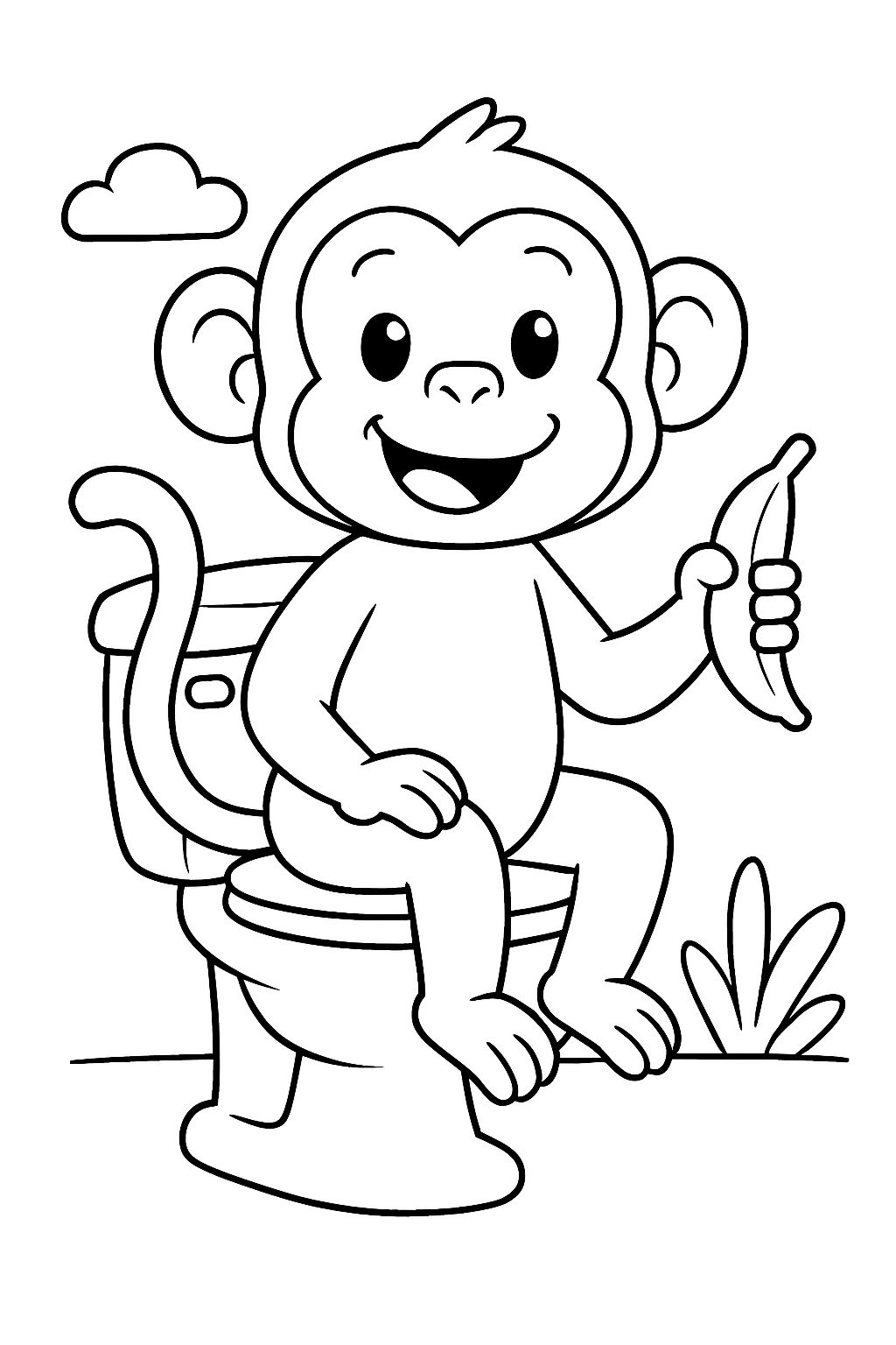 Un singe avec une banane assis sur des toilettes