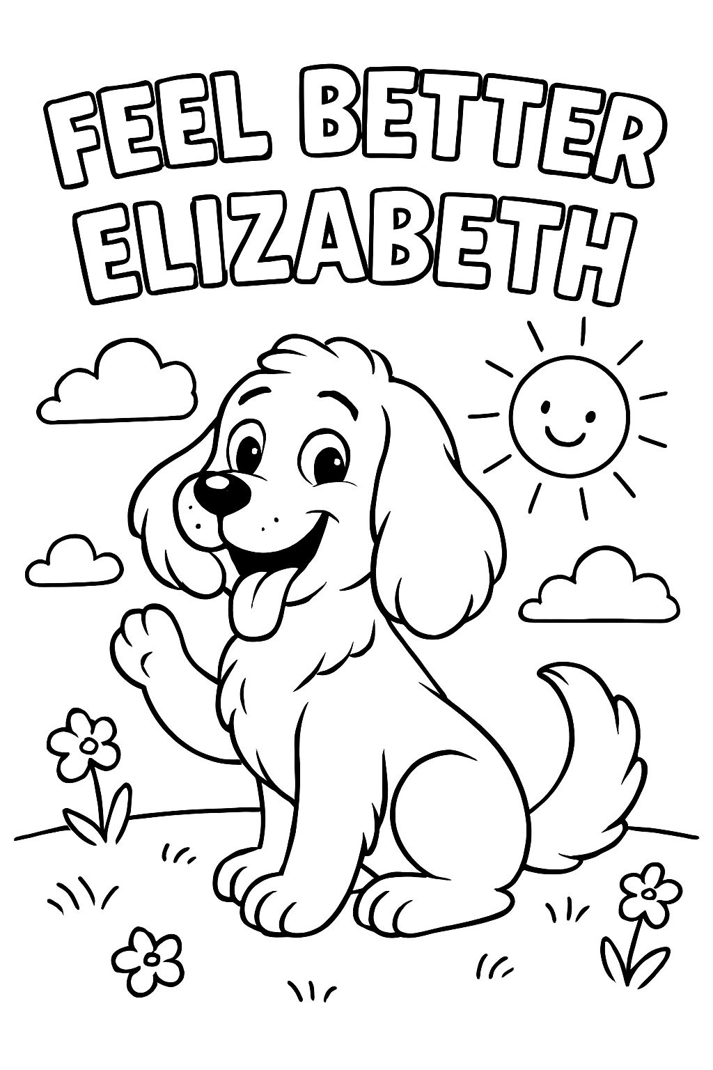 Hermoso perro con la inscripción "Mejórate, Elizabeth" Hermoso perro con la inscripción "Mejórate, Elizabeth"