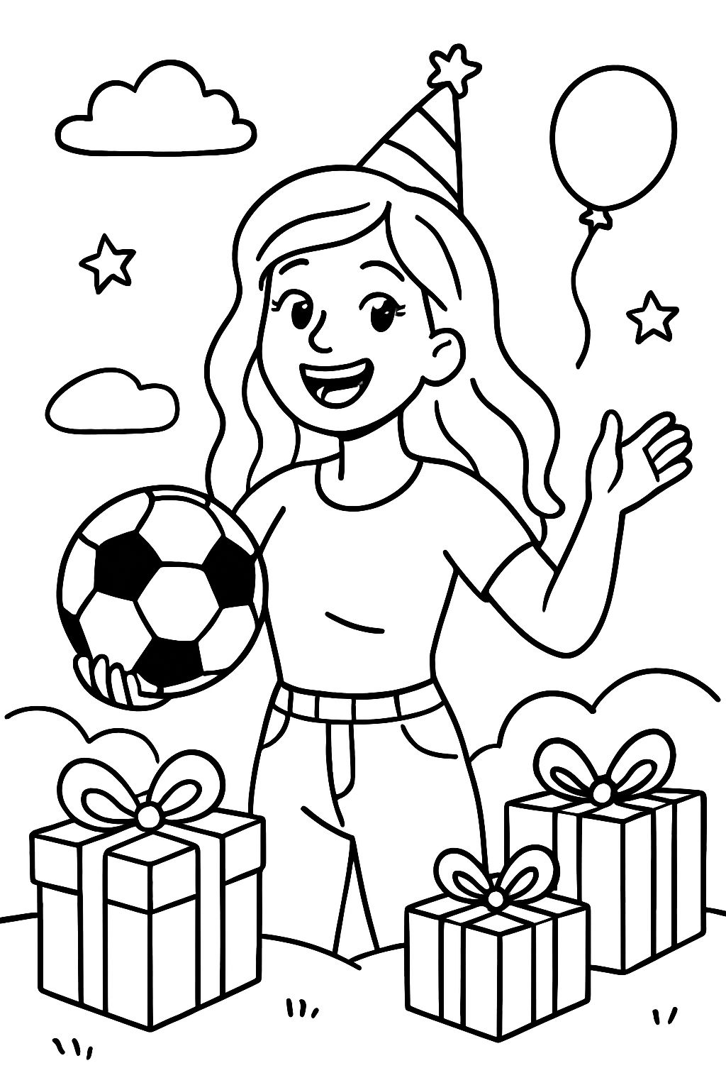an 18-year-old woman with a soccer ball and gifts