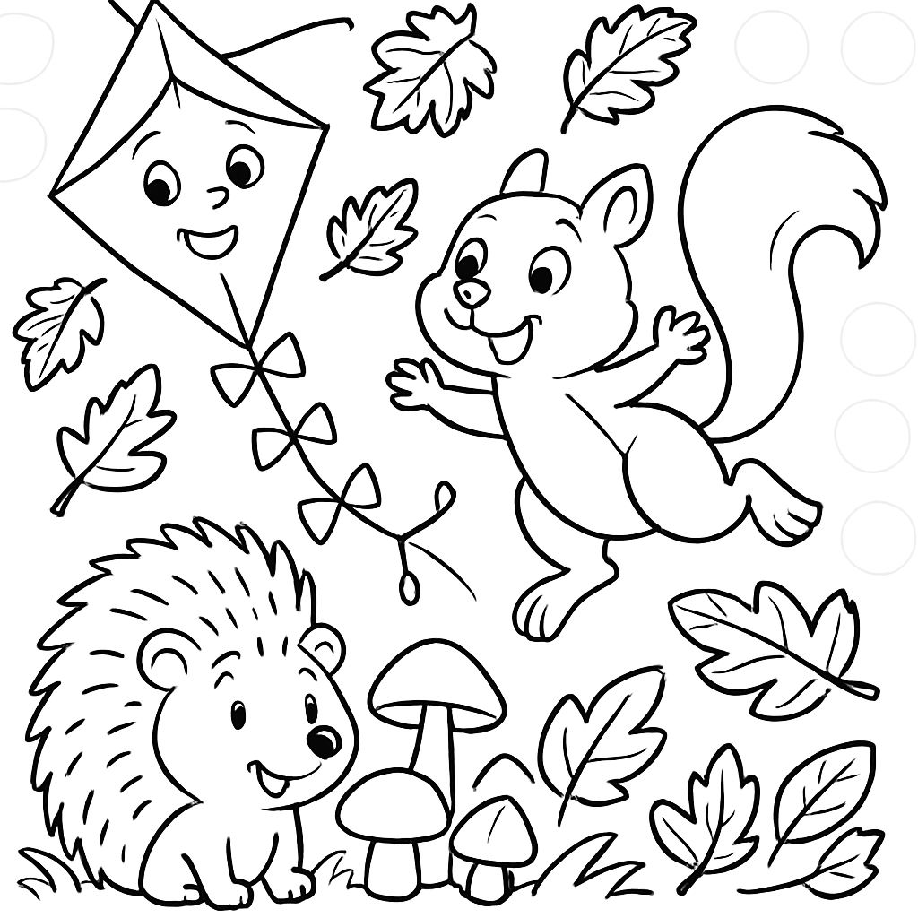 autumn picture with dragons, mushrooms, autumn leaves, squirrels, hedgehogs, and 28 white circles autumn picture with dragons, mushrooms, autumn leaves, squirrels, hedgehogs, and 28 white circles