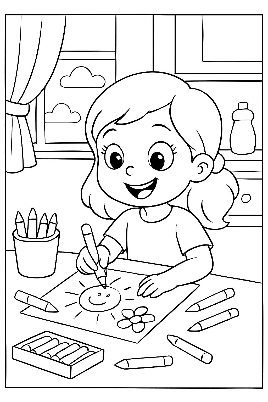 Fille de 6 ans avec de jolis yeux, en train de colorier et de créer de l'art à une table de cuisine. Mettez des fournitures d'art sur la table. Avoir une fenêtre en arrière-plan. Fille de 6 ans avec de jolis yeux, en train de colorier et de créer de l'art à une table de cuisine. Mettez des fournitures d'art sur la table. Avoir une fenêtre en arrière-plan.