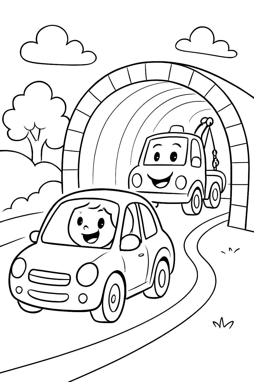 A car driving through a tunnel and there is a tow truck in the tunnel.
