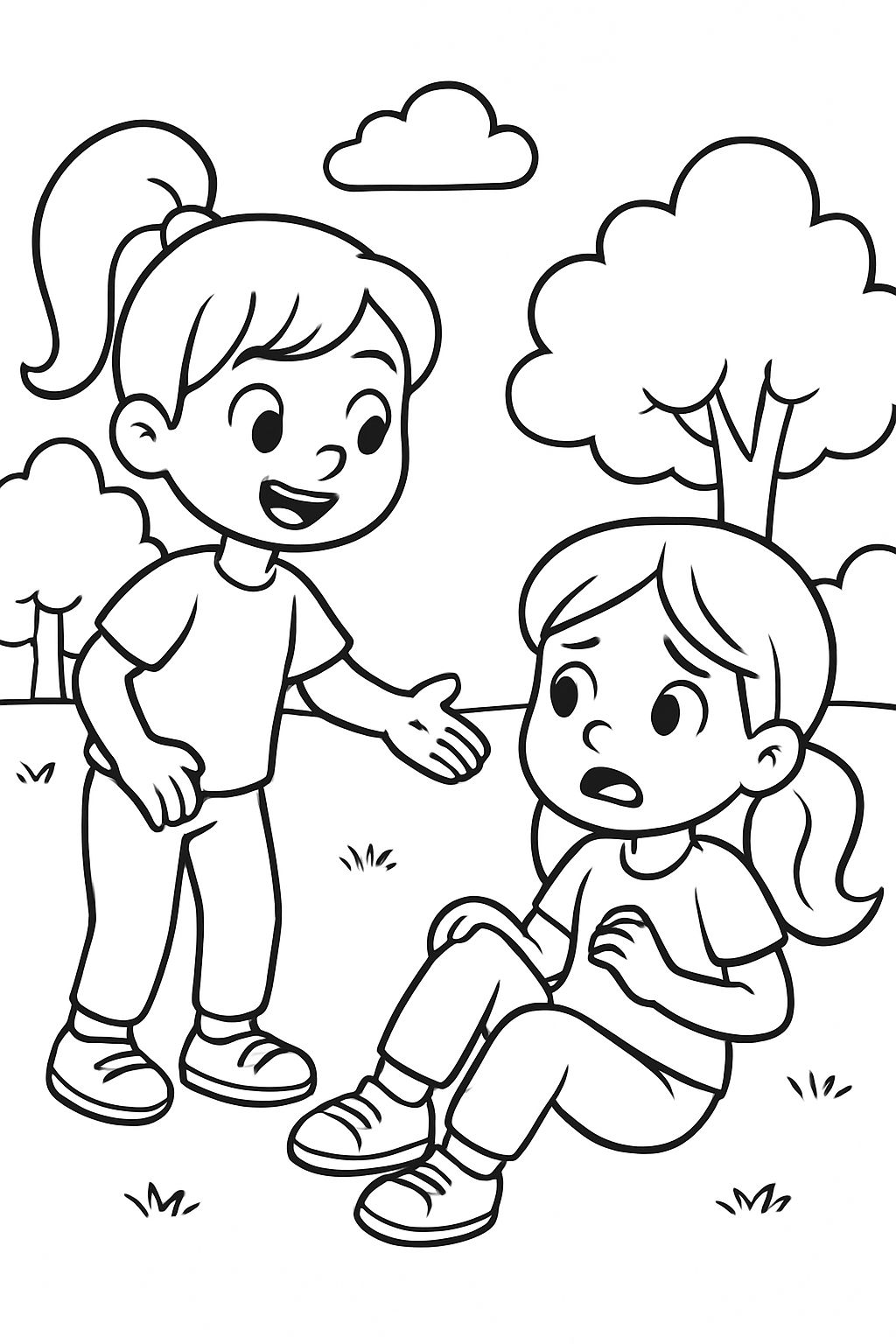 A 6 year old girl with a ponytail, pants, and a t-shirt asking a girl that tripped and fell if she is okay. A 6 year old girl with a ponytail, pants, and a t-shirt asking a girl that tripped and fell if she is okay.