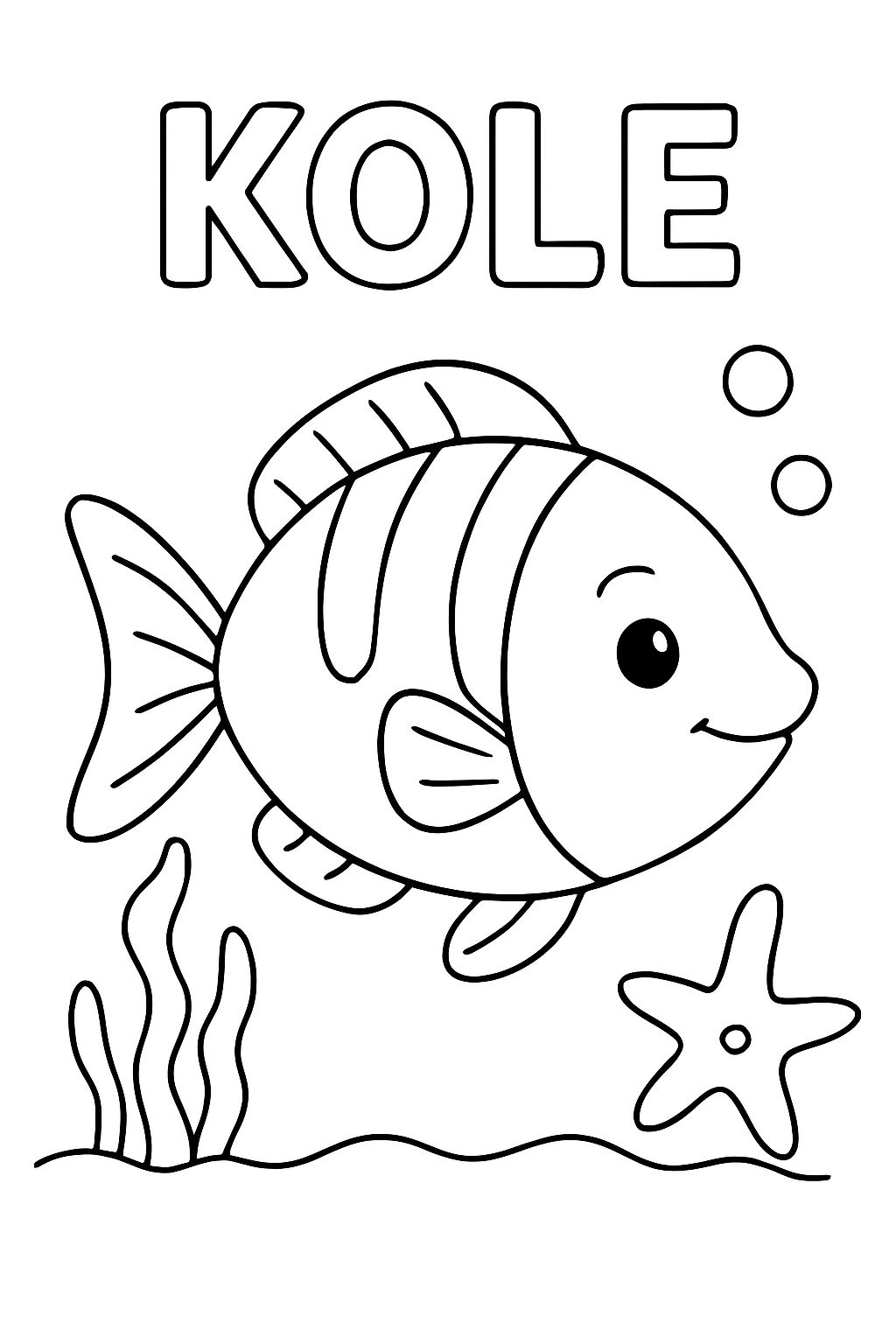 Fish theme color page with the name KOLE at the top.