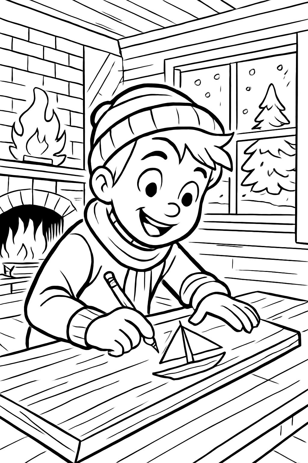 Garçon dessinant sur du bois dans sa maison en hiver
