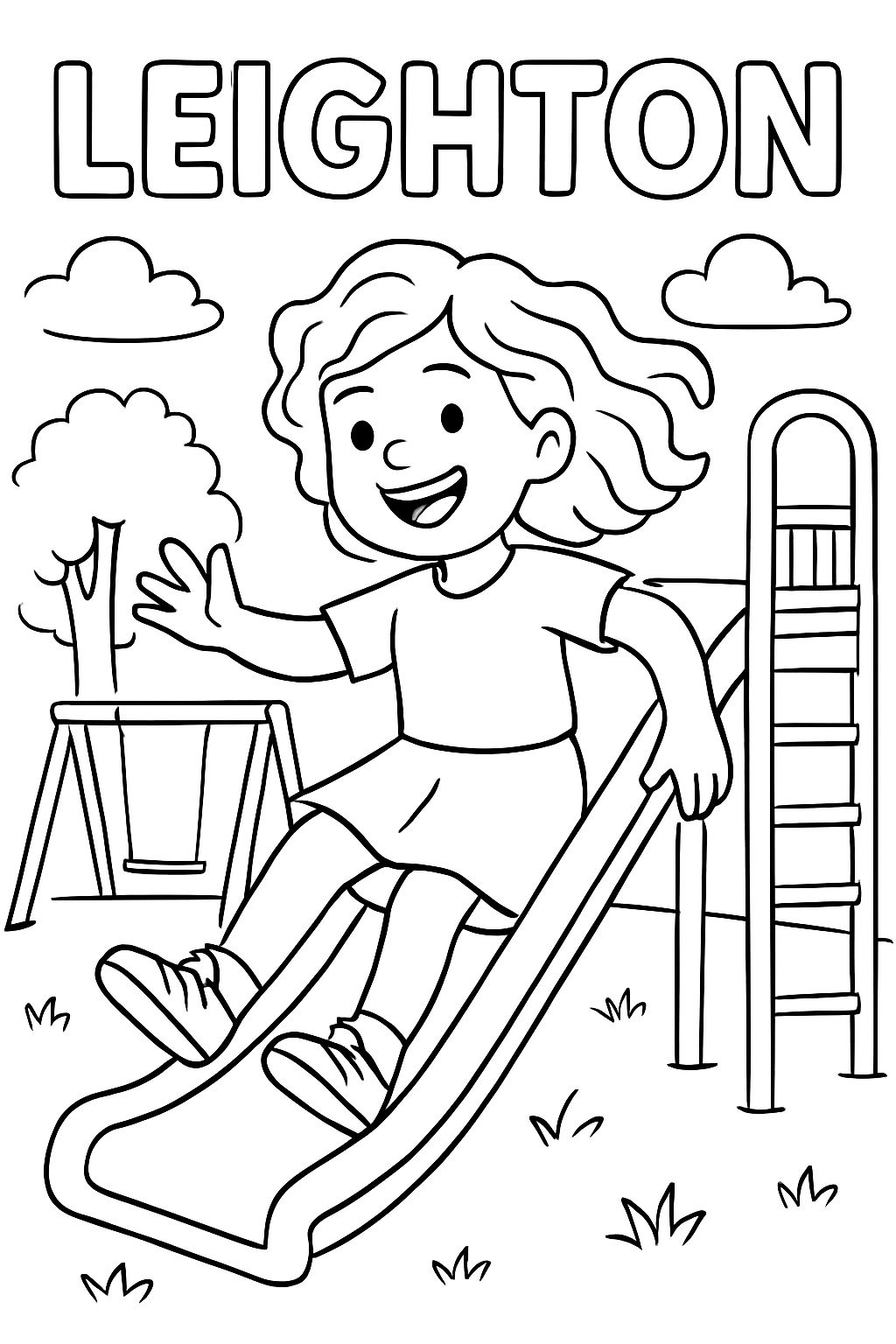 Ein Mädchen mit lockigem Haar, das auf dem Spielplatz spielt, mit dem Namen "Leighton" darüber. Ein Mädchen mit lockigem Haar, das auf dem Spielplatz spielt, mit dem Namen "Leighton" darüber.