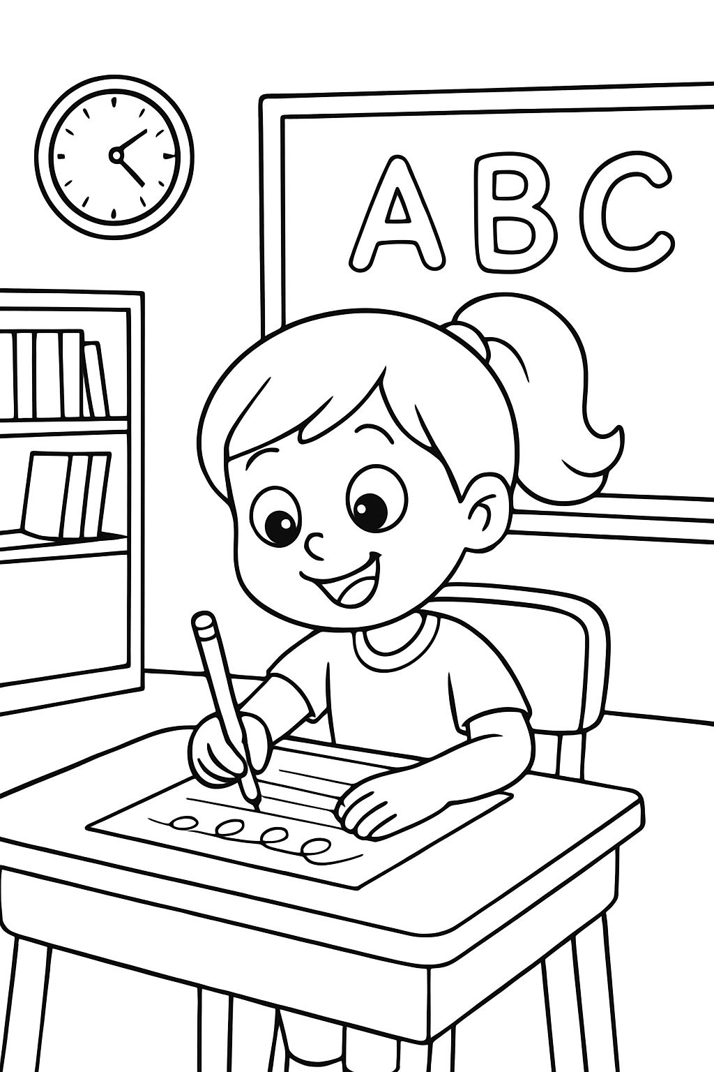 Uma aluna garota praticando sua caligrafia na aula.