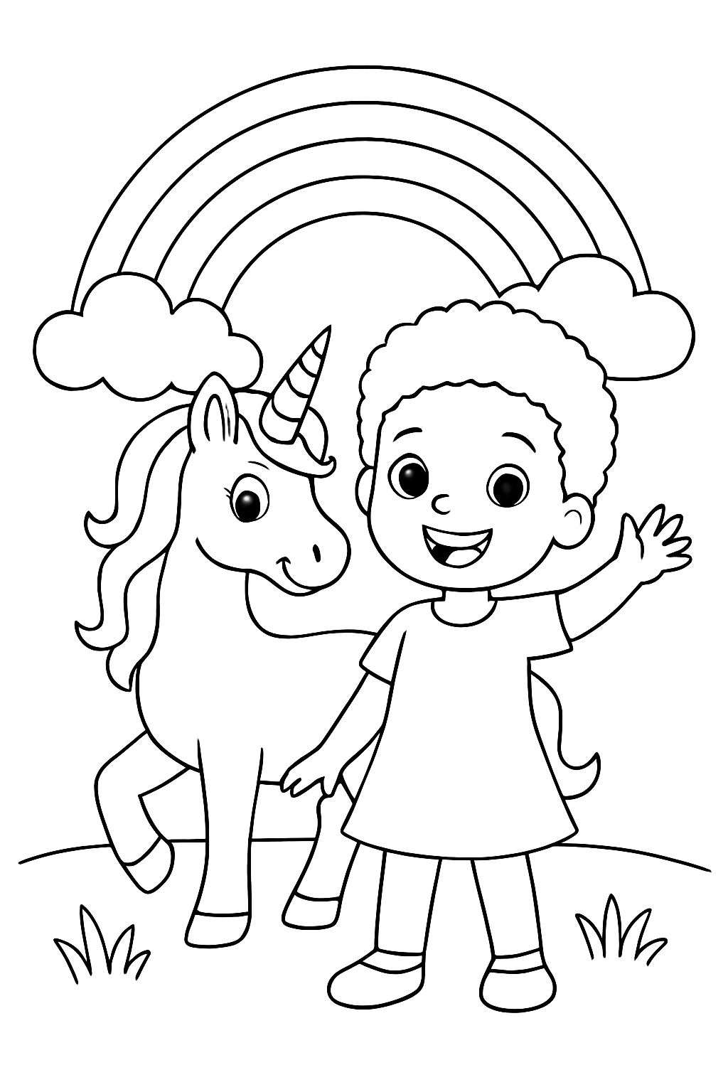 Ein fünfjähriges schwarzes Mädchen mit kurzem Haar, mit einem Einhorn und einem Regenbogen im Hintergrund. Ein fünfjähriges schwarzes Mädchen mit kurzem Haar, mit einem Einhorn und einem Regenbogen im Hintergrund.