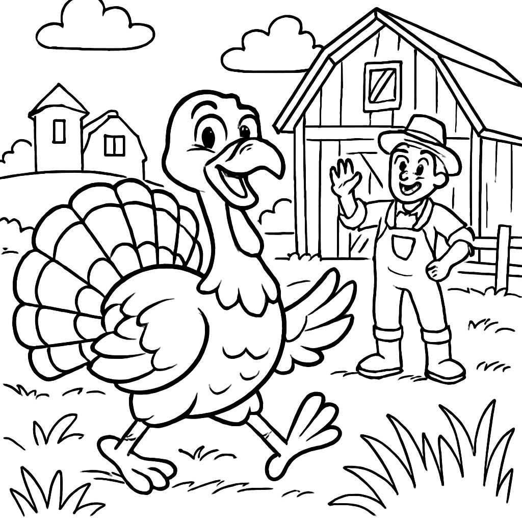 A turkey in a big field and a farm in the background and a farmer right in front of a barn. A turkey in a big field and a farm in the background and a farmer right in front of a barn.