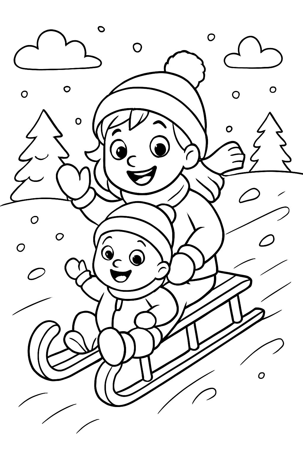 Children and baby on sleds in the snow