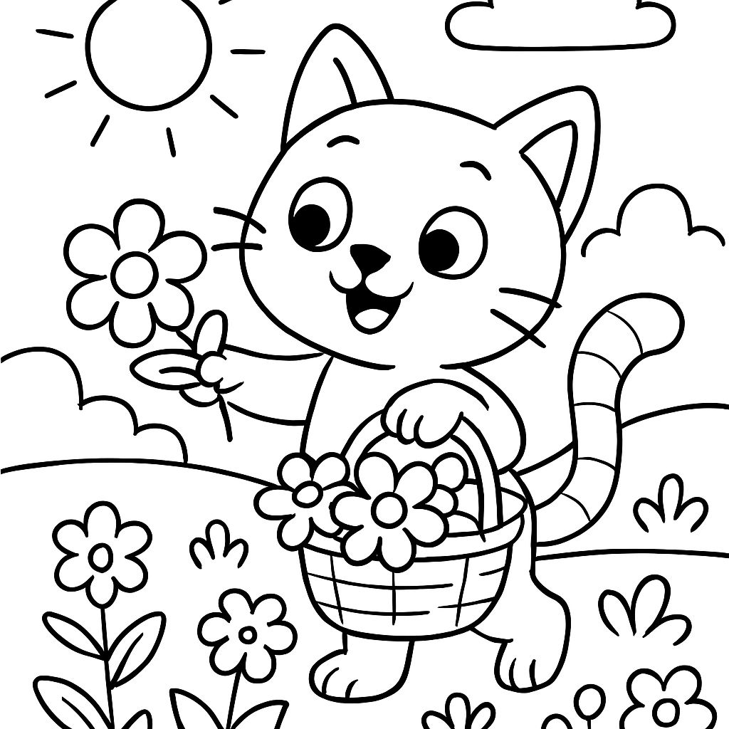 Um gato colhendo flores em uma cesta. Um gato colhendo flores em uma cesta.