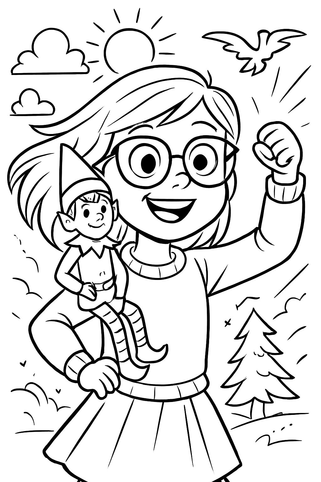 menina com óculos com elfo na prateleira em seu ombro menina com óculos com elfo na prateleira em seu ombro