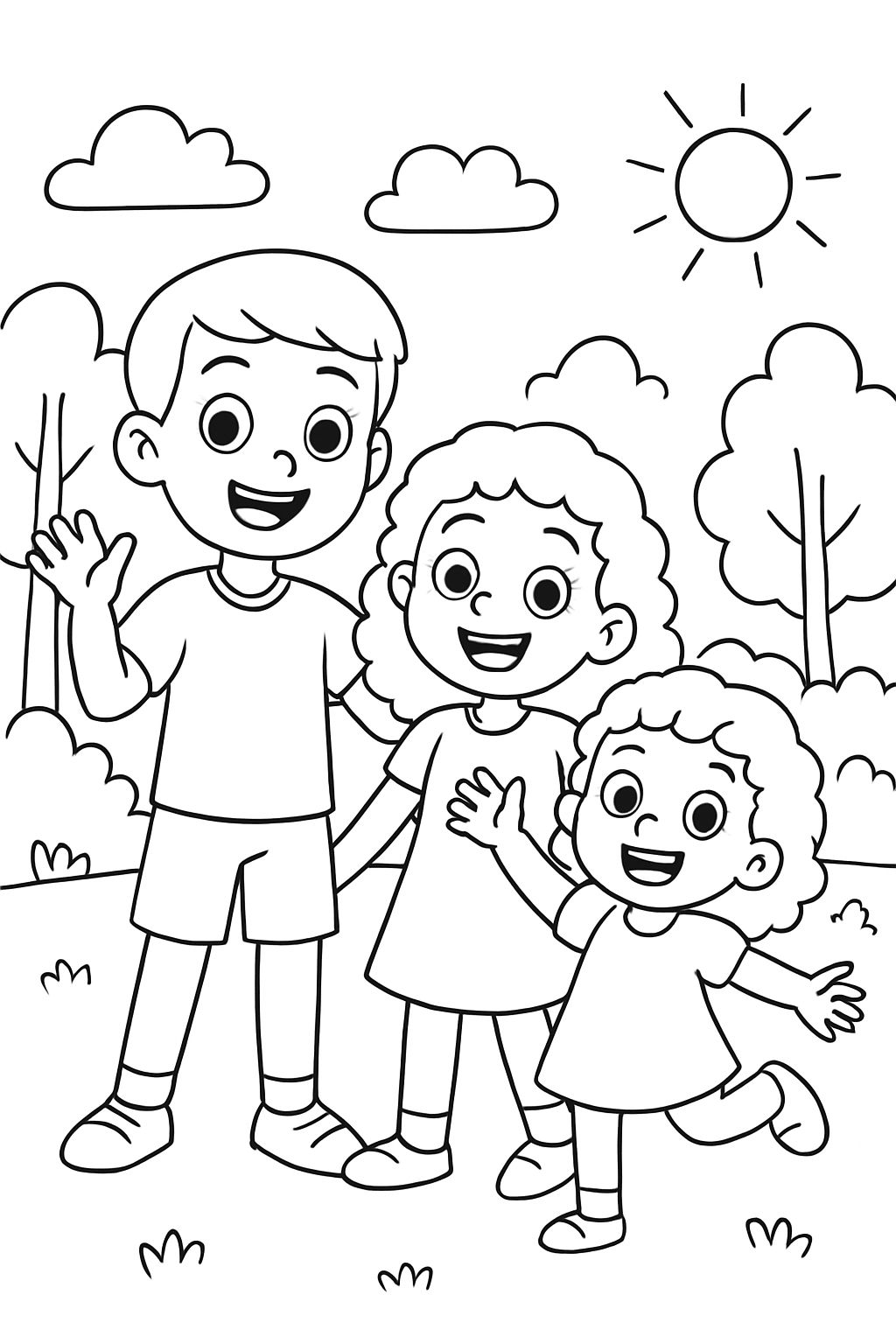 Hermano mayor con pelo corto y hermana del medio con rulos y hermana pequeña con rulos. Hermano mayor con pelo corto y hermana del medio con rulos y hermana pequeña con rulos.