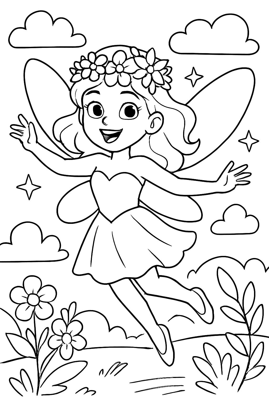 Fairy with a flower crown, heart-shaped dress, short, round-tip wings
