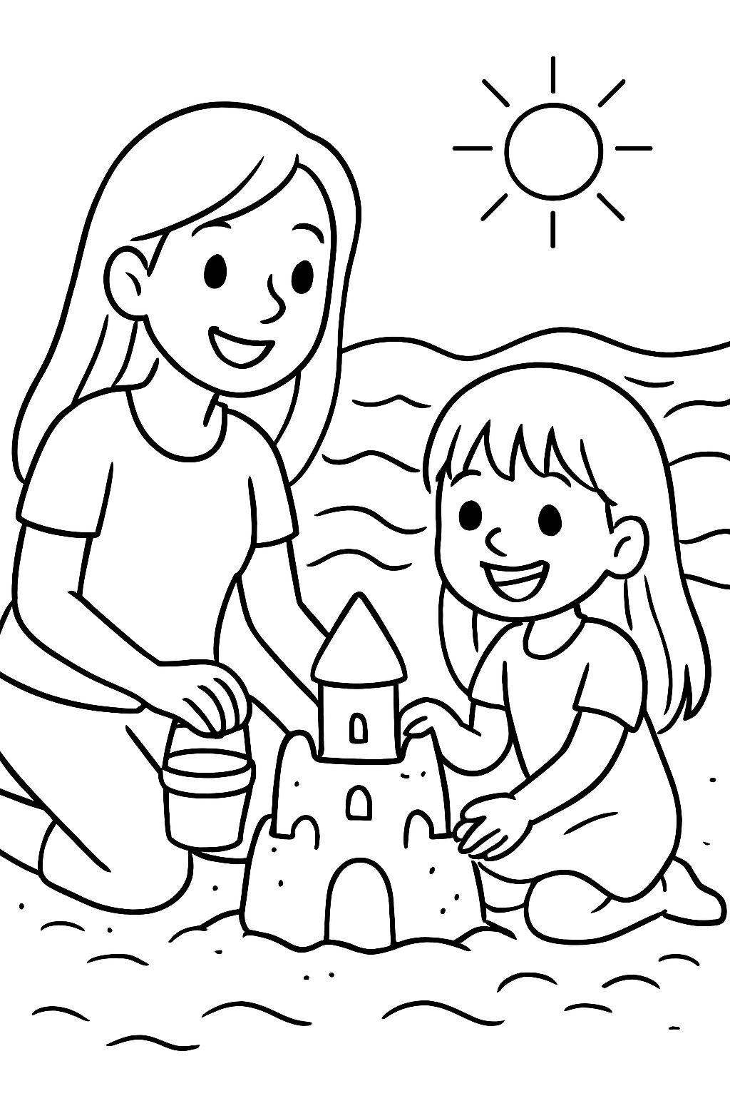 Mom and five year old daughter at the beach, long straight hair. Building a sand castle together, sun and waves in the background. Mom and five year old daughter at the beach, long straight hair. Building a sand castle together, sun and waves in the background.