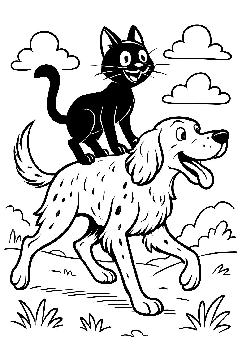 Um gato preto em pé em cima de um cachorro pointer inglês.