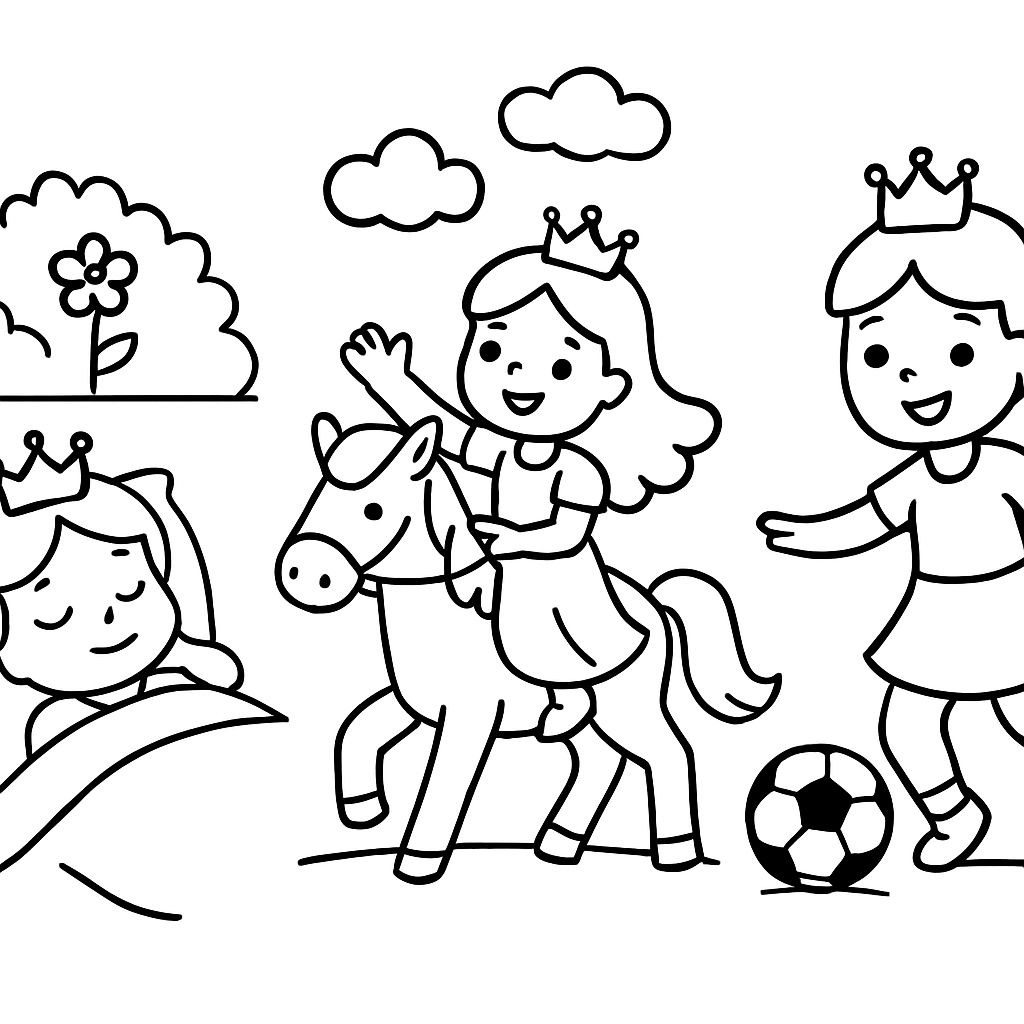 3 princesas. Uma está dormindo, a outra monta um cavalo e a última joga futebol. 3 princesas. Uma está dormindo, a outra monta um cavalo e a última joga futebol.