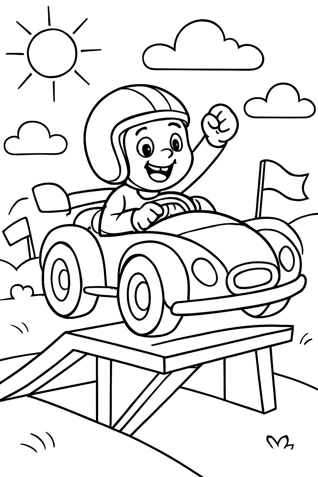 Voiture de course avec pilote sur la rampe