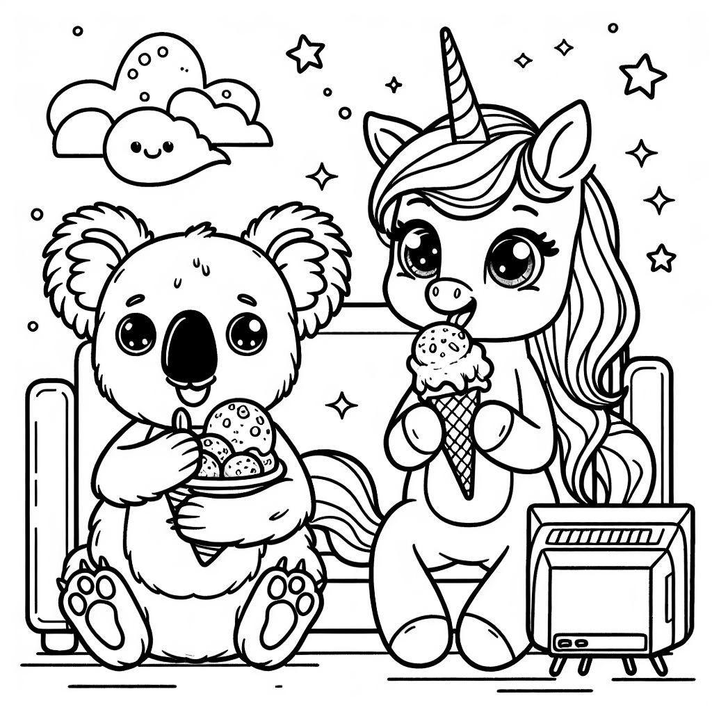 Un koala y un unicornio sentados frente a un televisor viendo un programa juntos mientras comen conos de helado. Un koala y un unicornio sentados frente a un televisor viendo un programa juntos mientras comen conos de helado.