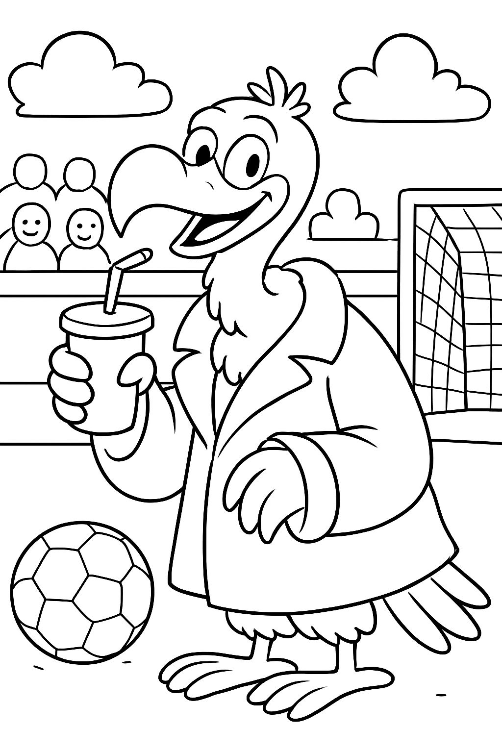un vautour portant un grand manteau buvant un soda lors d'un match de football
