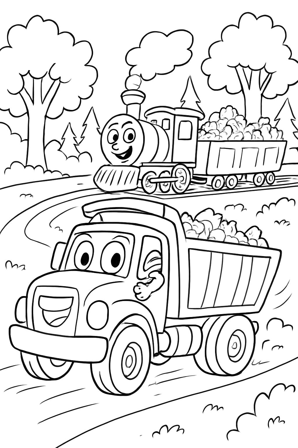 A truck driving through trees and a train filled with trash on tracks.