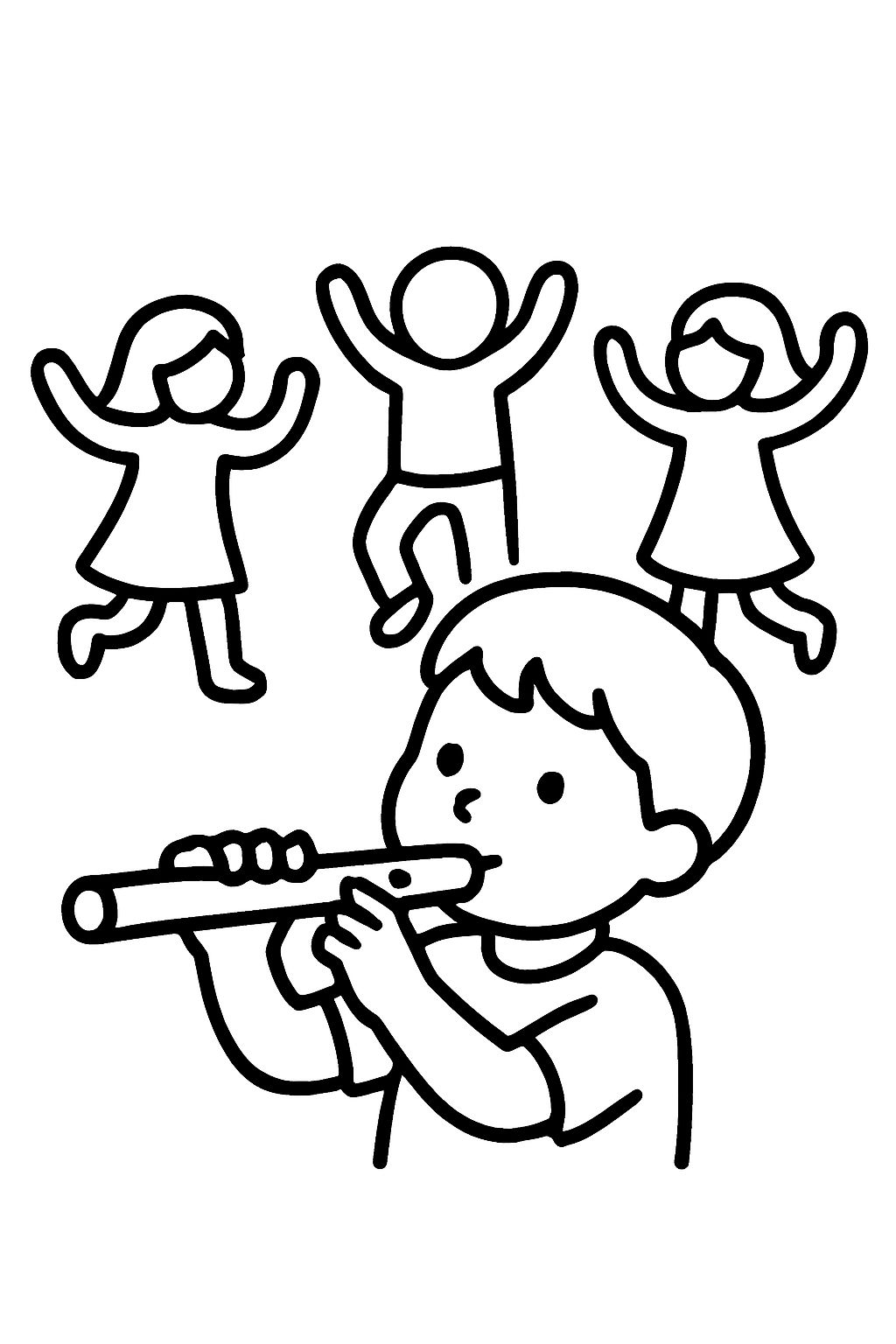 Child playing the flute and people dancing.