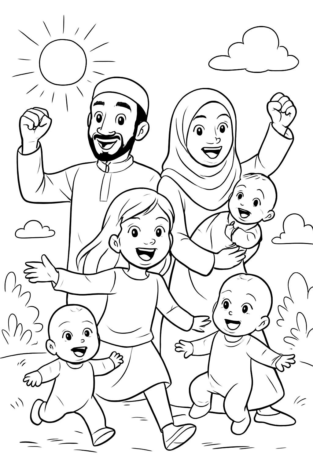 Muslim family of five including parents, elder daughter, and infant twin boys. Muslim family of five including parents, elder daughter, and infant twin boys.