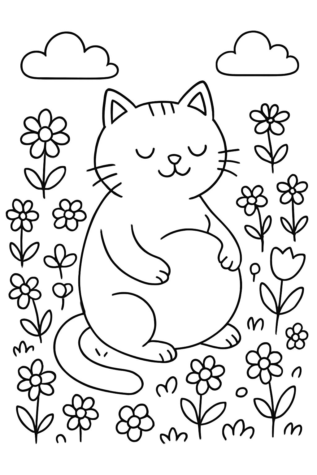 a pregnant cat on a colorful flower meadow with lots of flowers