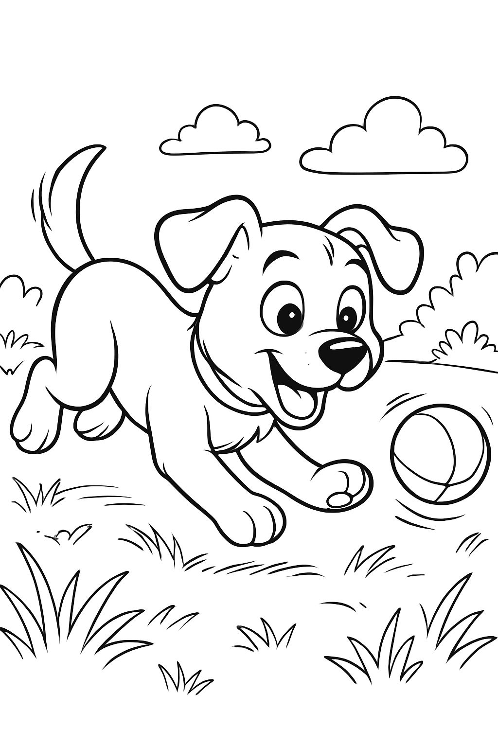 un chiot courant après une balle dans une parcelle herbeuse