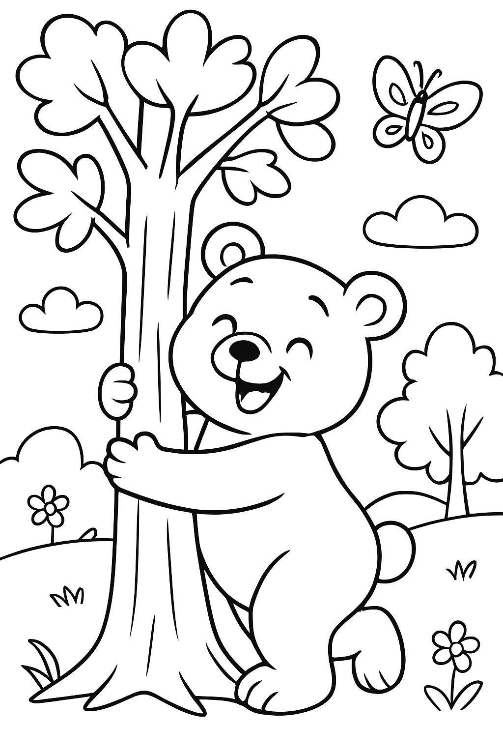 A bear tightly hugging a tree holding on to spring.
