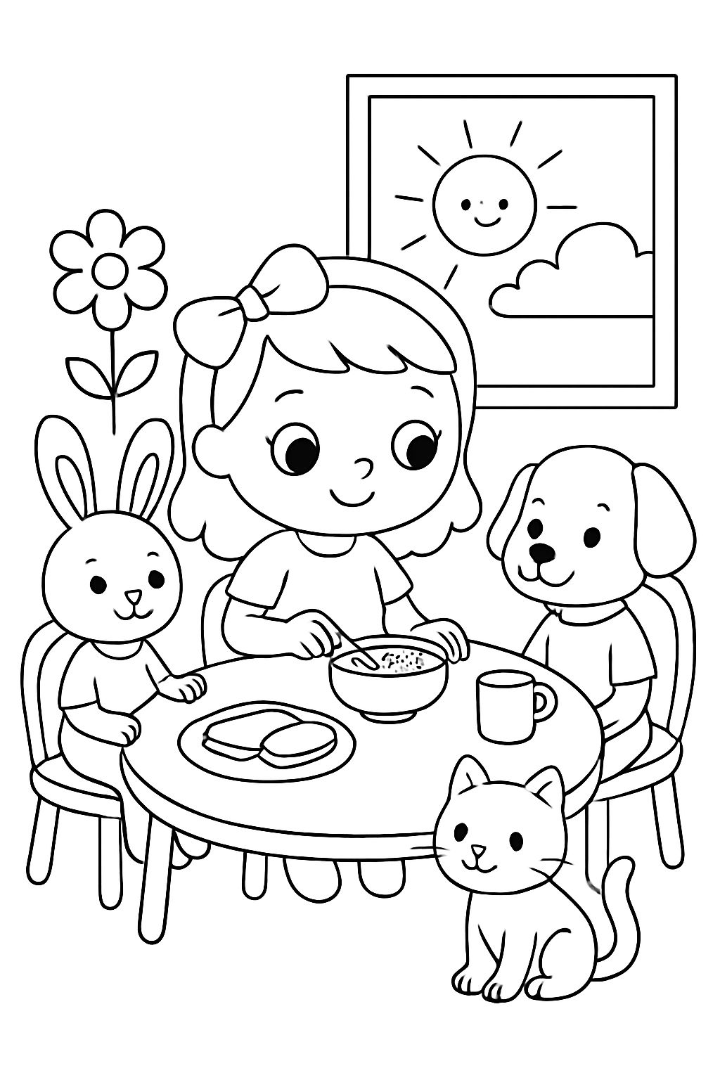 Doll with a bow in her hair having breakfast with a bunny wearing a shirt and pants with a dog and a cat. Doll with a bow in her hair having breakfast with a bunny wearing a shirt and pants with a dog and a cat.