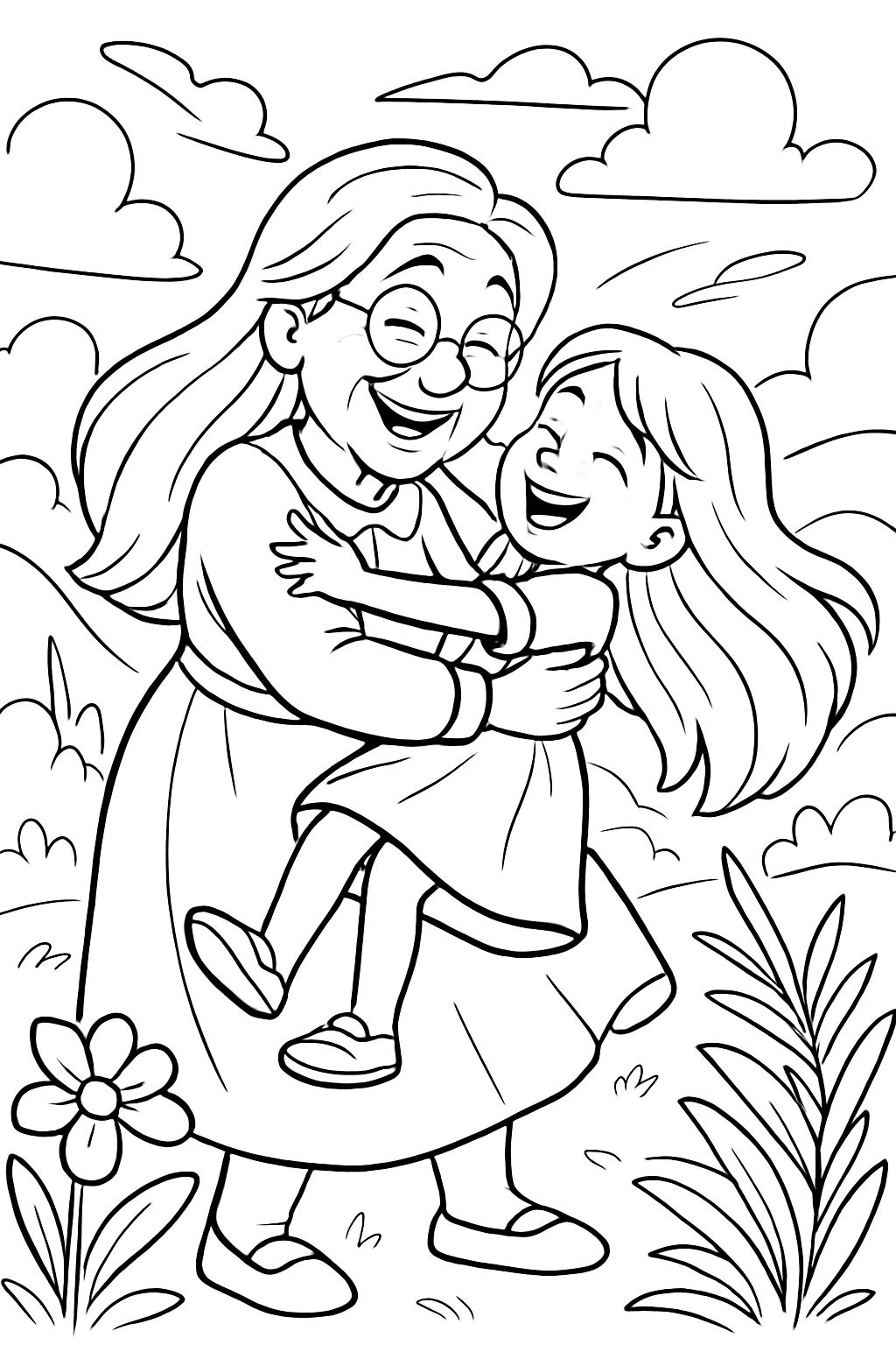 Großemutter mit langen haaren ud großes mädchen mit langen haare im arm Großemutter mit langen haaren ud großes mädchen mit langen haare im arm